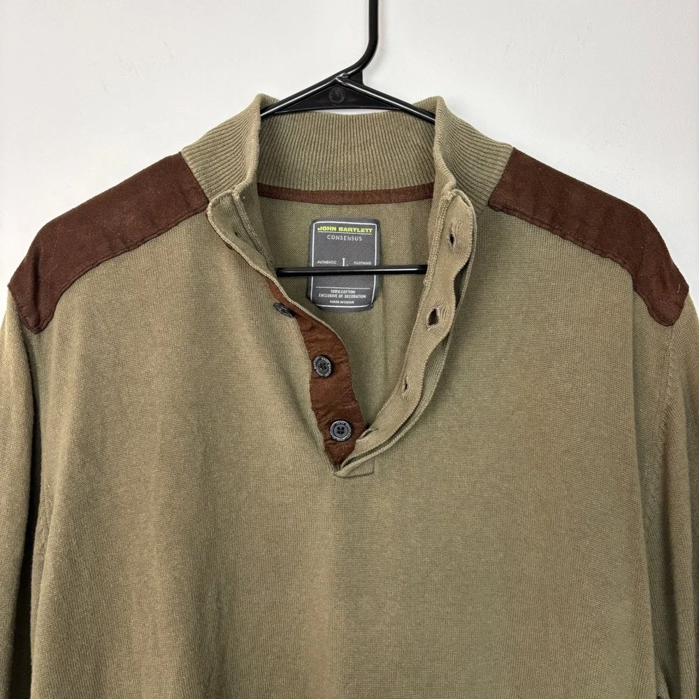 John Bartlett Men Henley Sweater Large Olive Green Elbow Patches Academia Preppy